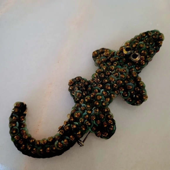 Vintage sequined alligator pin brooh. Circa 1940s,1950s. Handmade. - Picture 5 of 6